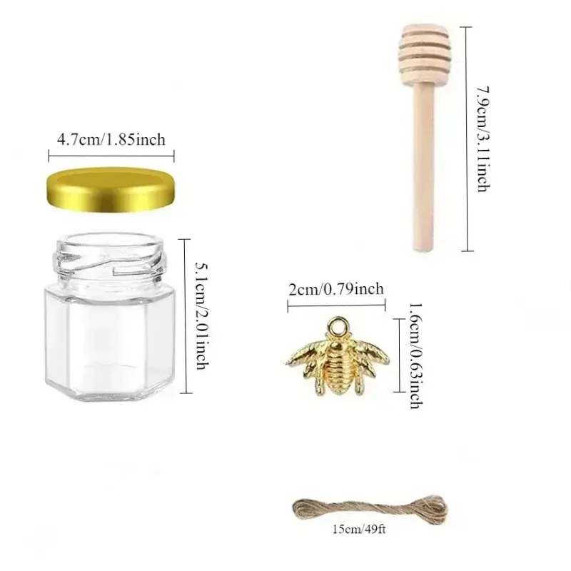 1.5Oz Sealed jar Hexagon Mini Glass Honey Jars with Bee Pendants,Jutes,Wood Dipper Jam Jars for Party Favors Wedding Baby Shower