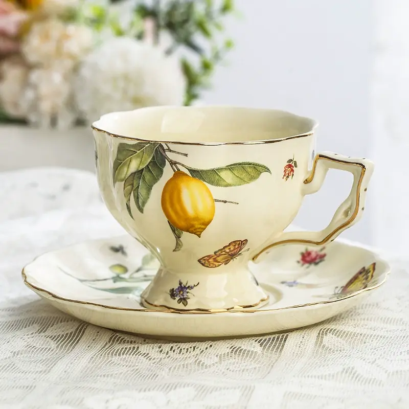 European Style Ceramic Mug Coffee Cup and Saucers Set Lemon Pattern Retro Afternoon tea cup Dessert Plate Teapot Home kettle