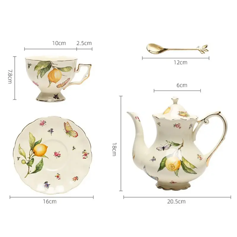 European Style Ceramic Mug Coffee Cup and Saucers Set Lemon Pattern Retro Afternoon tea cup Dessert Plate Teapot Home kettle