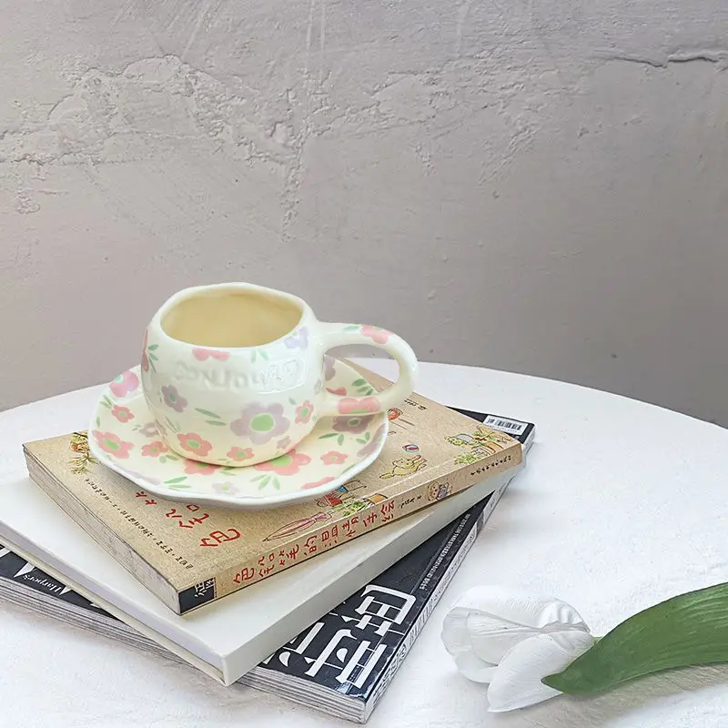 Ceramic Coffee Cup & Saucer Hand-pinched Irregular Pastoral floral pattern Coffee cup Breakfast  Afternoon tea cup Dessert Plate