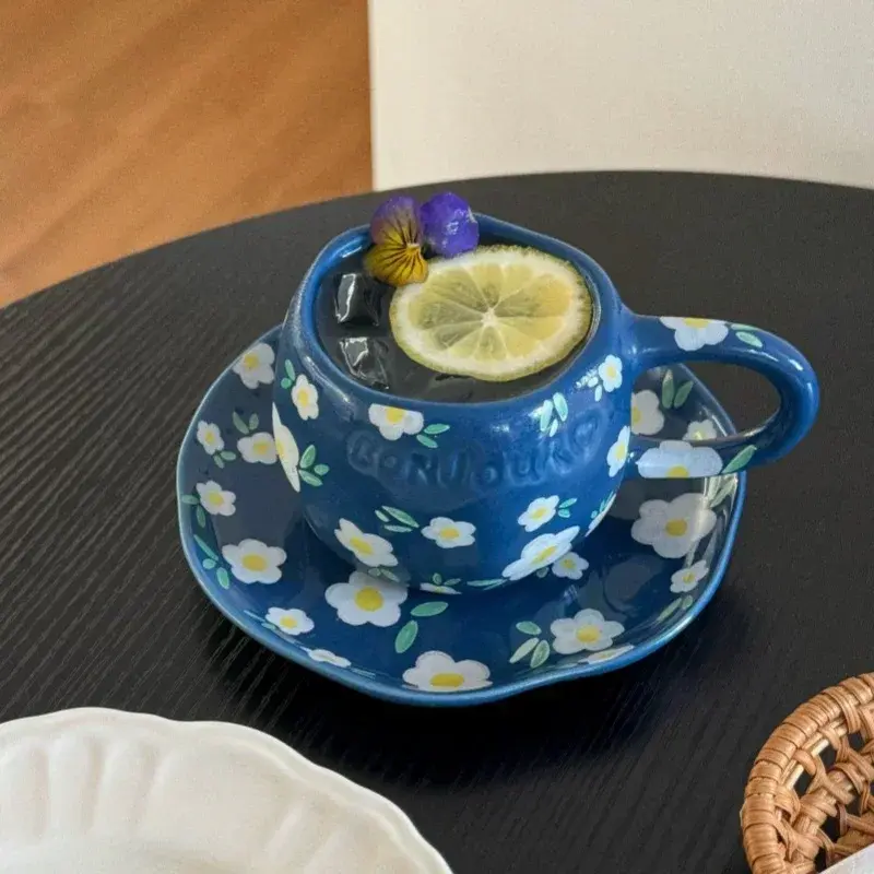 Ceramic Coffee Cup & Saucer Hand-pinched Irregular Pastoral floral pattern Coffee cup Breakfast  Afternoon tea cup Dessert Plate