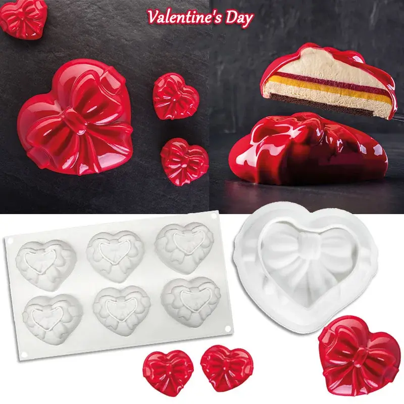 Silicone Cake Decorating Tools Bow & Love Heart Chocolate Mousse Mold DIY Handmade Soap Mould Wedding Valentine's Day decoration
