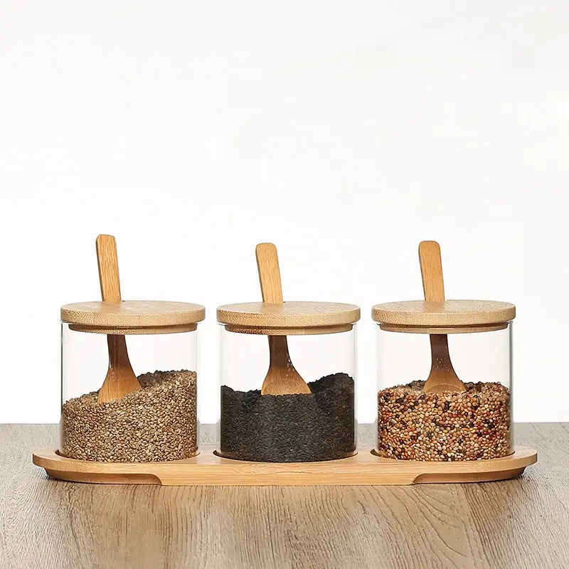 Kitchen Glass Condiment Jar Set Wood Lid with Tray Spoon Clear Seasoning Spice Salt Jar Dust-Proof Coffee Beans Organizer Bottle