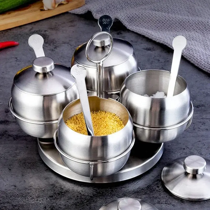 304 Stainless Steel Seasoning Jars Creative 360° Rotating Salt Sugar Bowl Spice Jar with Lid Kitchen Condiment bottle with Spoon