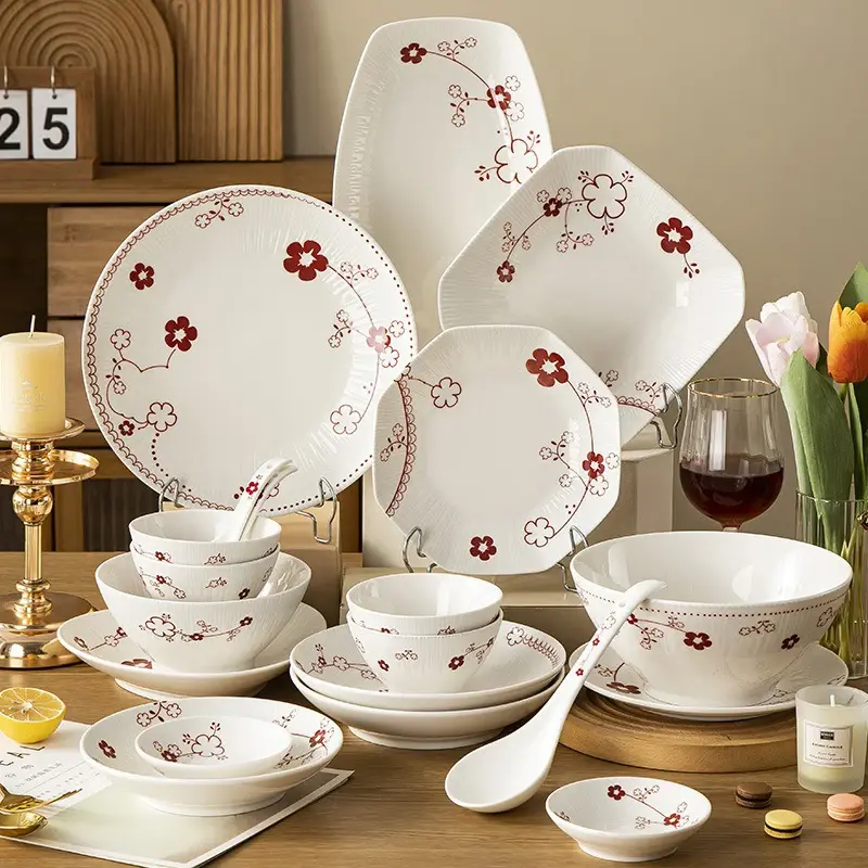 SHUNXIANG Ceramic Tableware Set Chinese Style Flower  Vintage Plates Bowls Dessert Dish Spaghetti Plate Kitchen Dinnerware