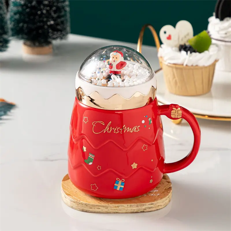 Christmas Cute Santa Claus Figurines Ceramic Cup Creative Snowball landscape Lid Mugs Xmas Gift Milk Coffee Cup For Office Home