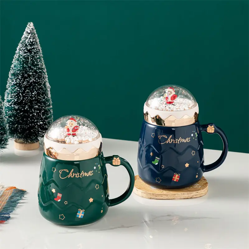 Christmas Cute Santa Claus Figurines Ceramic Cup Creative Snowball landscape Lid Mugs Xmas Gift Milk Coffee Cup For Office Home