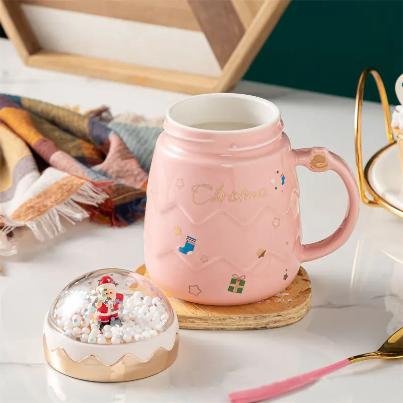 Christmas Cute Santa Claus Figurines Ceramic Cup Creative Snowball landscape Lid Mugs Xmas Gift Milk Coffee Cup For Office Home