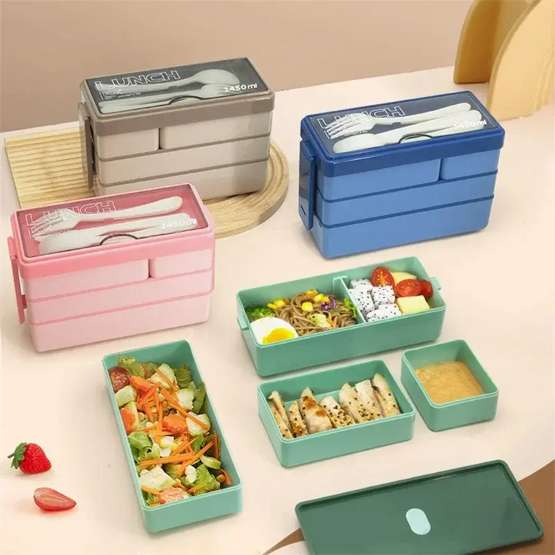 3 Layers Compartment Bento Boxes 1450ml Lunch Box For Adults Students Lunch Box With Fork Spoon Microwave Food Storage Container