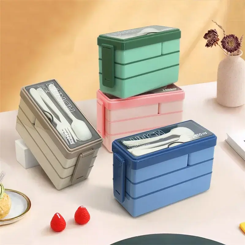 3 Layers Compartment Bento Boxes 1450ml Lunch Box For Adults Students Lunch Box With Fork Spoon Microwave Food Storage Container