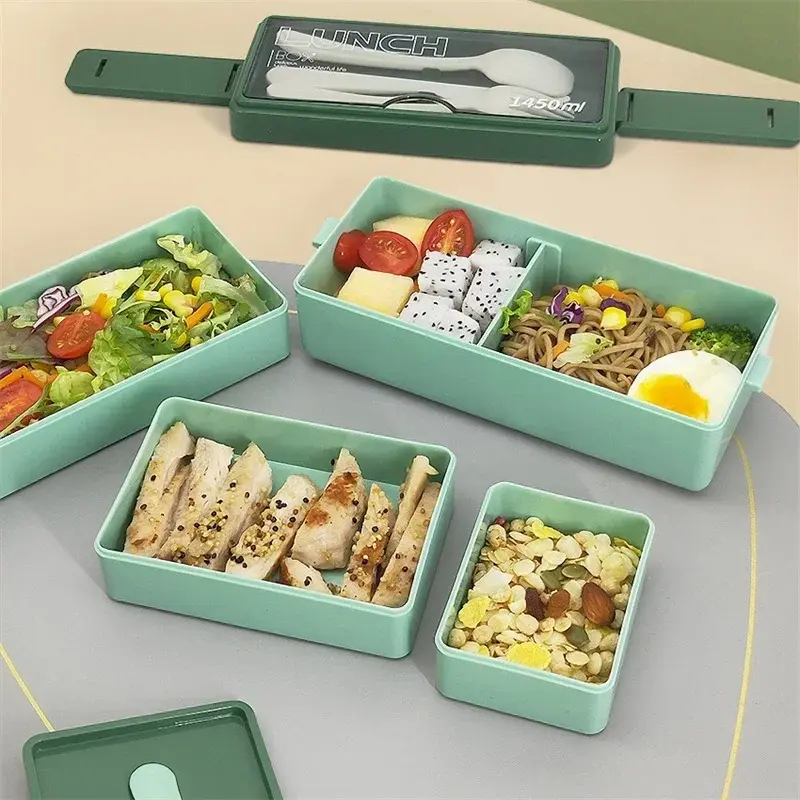 3 Layers Compartment Bento Boxes 1450ml Lunch Box For Adults Students Lunch Box With Fork Spoon Microwave Food Storage Container