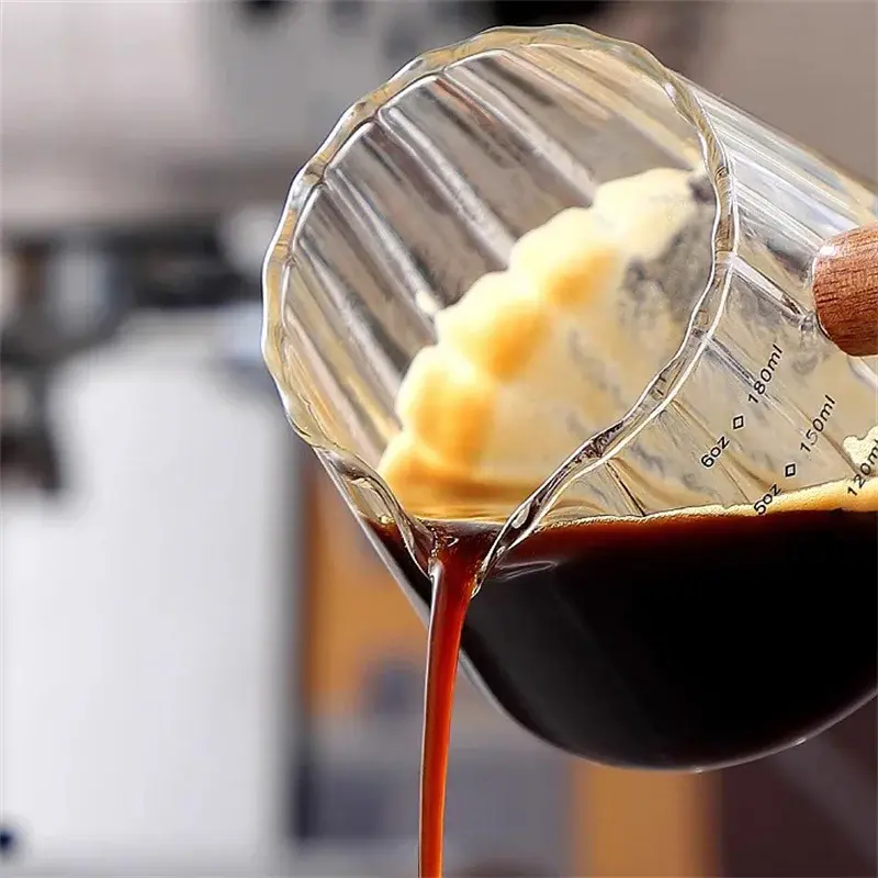 180ML Wood Handle Glass Espresso Measuring Cup Coffee Extraction Cup with scale High Temperature Resistance Milk Jug Measure Mug