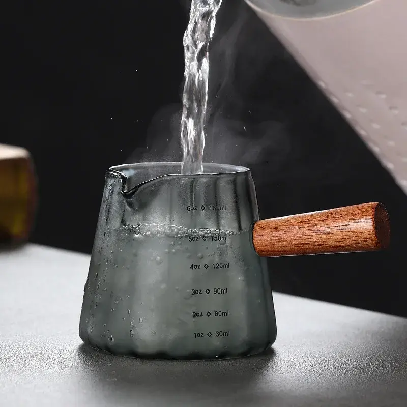 180ML Wood Handle Glass Espresso Measuring Cup Coffee Extraction Cup with scale High Temperature Resistance Milk Jug Measure Mug