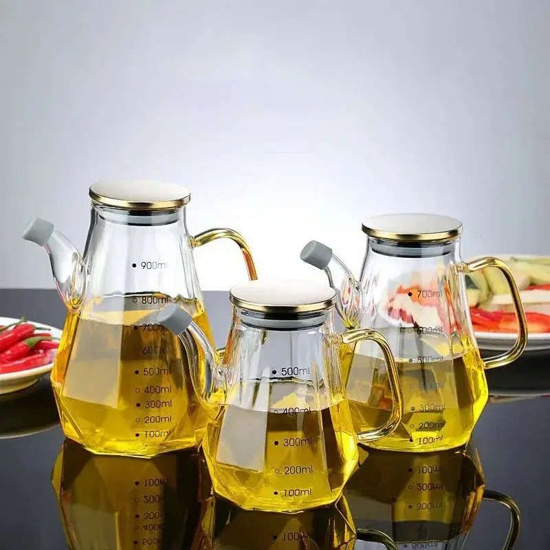 Glass Oil Pots 500/700/900ml Leak proof Diamond Oil bottle with Scale/Lid Kitchen Soy Sauce Vinegar Condiment Storage Container