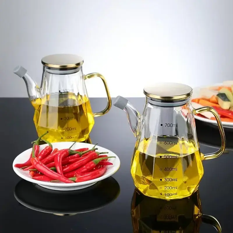 Glass Oil Pots 500/700/900ml Leak proof Diamond Oil bottle with Scale/Lid Kitchen Soy Sauce Vinegar Condiment Storage Container