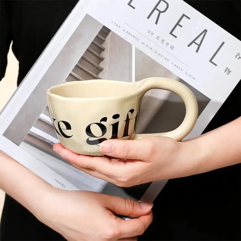 350ml Hand Pinched Irregular Coffee Cups English alphabet Pattern Ceramic Mug Large Handle Milk Oatmeal Cup Home Water Cup