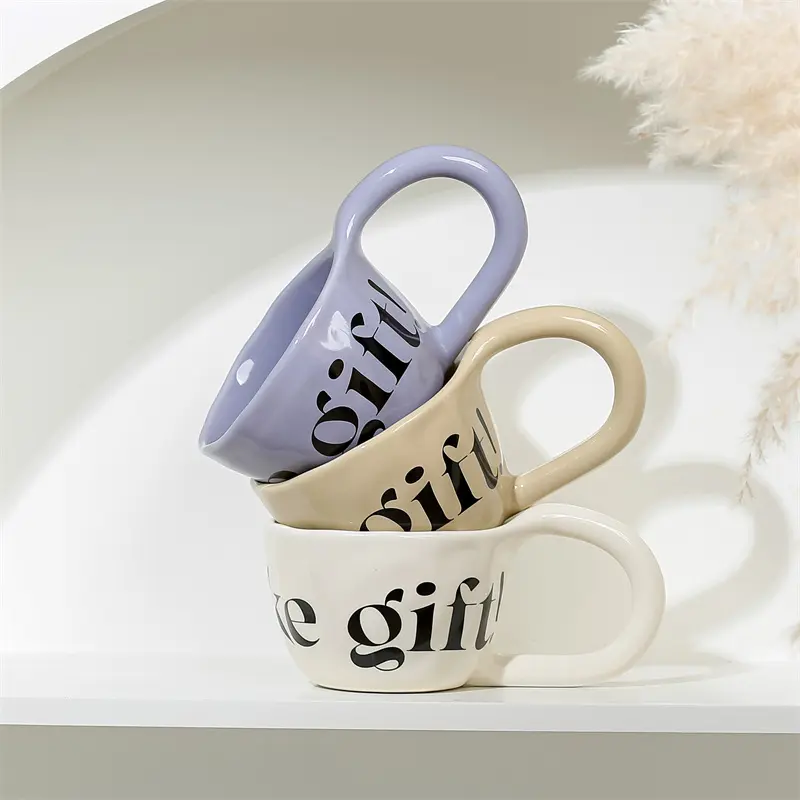 350ml Hand Pinched Irregular Coffee Cups English alphabet Pattern Ceramic Mug Large Handle Milk Oatmeal Cup Home Water Cup