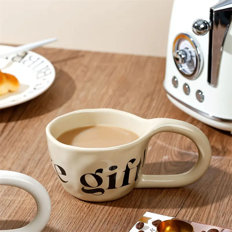 350ml Hand Pinched Irregular Coffee Cups English alphabet Pattern Ceramic Mug Large Handle Milk Oatmeal Cup Home Water Cup