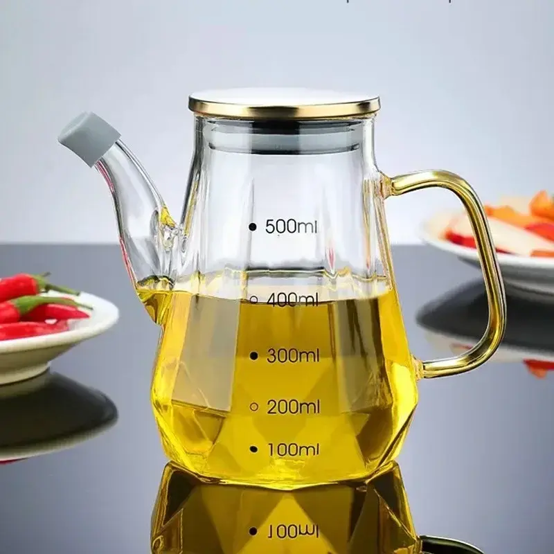Glass Oil Pots 500/700/900ml Leak proof Diamond Oil bottle with Scale/Lid Kitchen Soy Sauce Vinegar Condiment Storage Container
