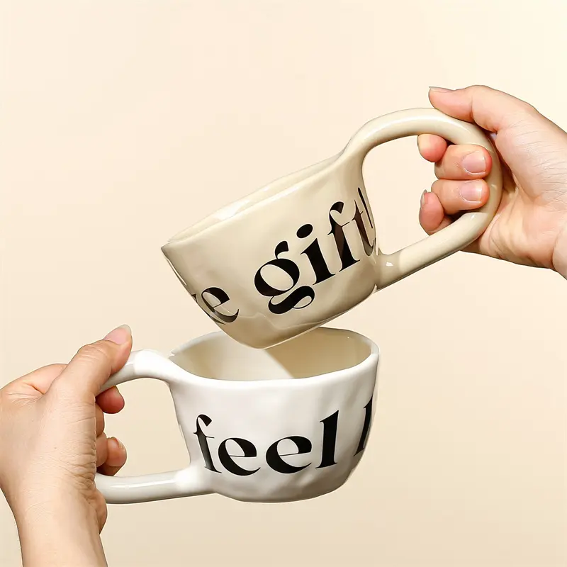 350ml Hand Pinched Irregular Coffee Cups English alphabet Pattern Ceramic Mug Large Handle Milk Oatmeal Cup Home Water Cup