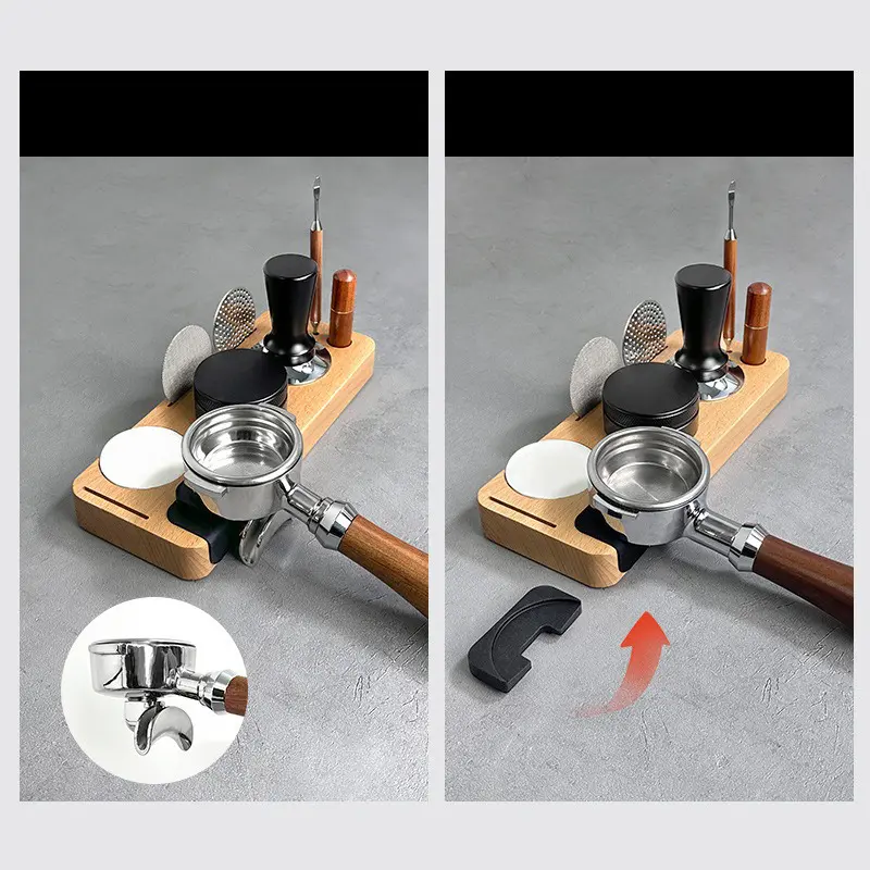 Coffee Tamper Mat Station Stand Wood Universal Portafilter Holder Coffee Distributor & Puck Screen Coffee Brush Storage base
