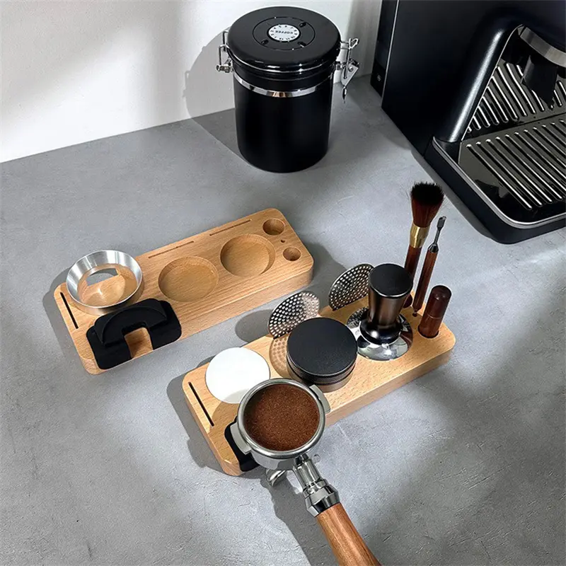 Coffee Tamper Mat Station Stand Wood Universal Portafilter Holder Coffee Distributor & Puck Screen Coffee Brush Storage base