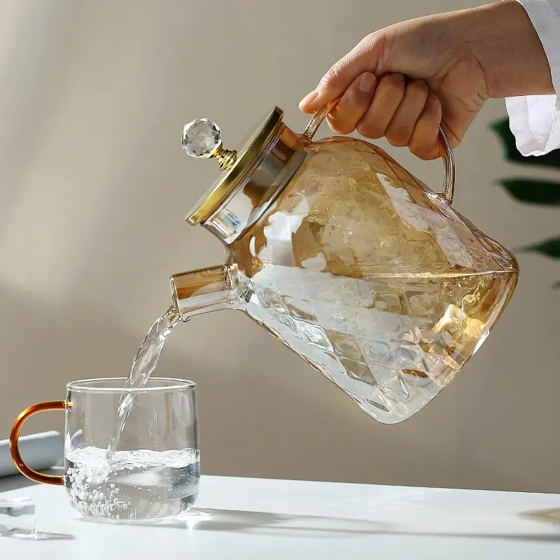 1/1.8L Glass Tea pot With Lid and Filter Champagne Tea Kettle Cold and heat resistant Tea maker For Blooming Tea Fruit Tea Amber