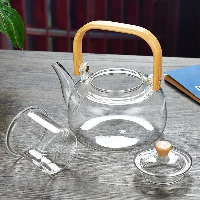 1000ml Glass Teapot Chinese Tea Ceremony Clear Teapot with Filter Wood Handle for Electric Ceramic Stove Home Office Tea Maker