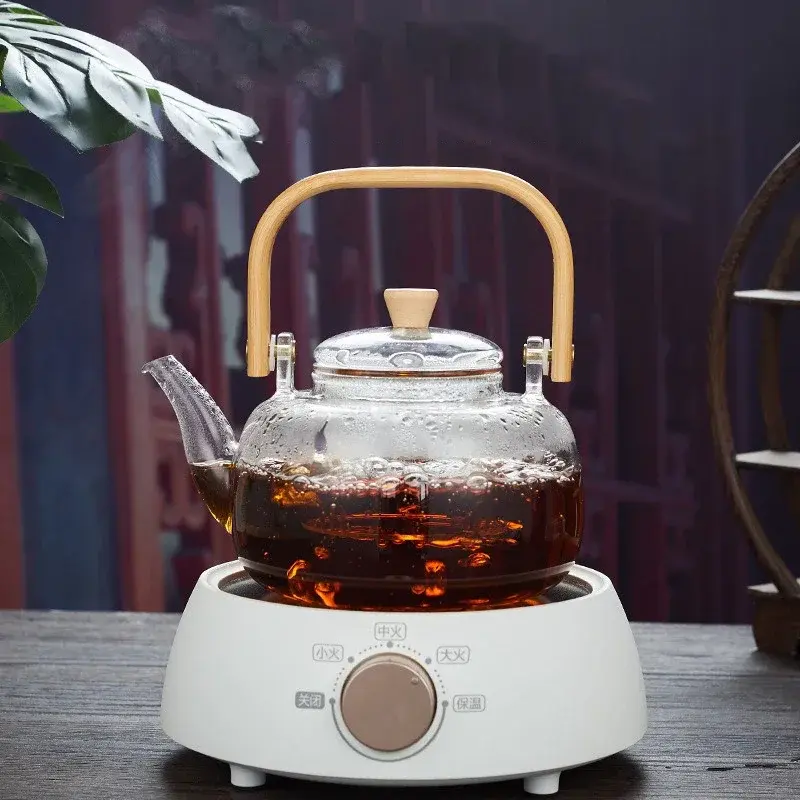 1000ml Glass Teapot Chinese Tea Ceremony Clear Teapot with Filter Wood Handle for Electric Ceramic Stove Home Office Tea Maker