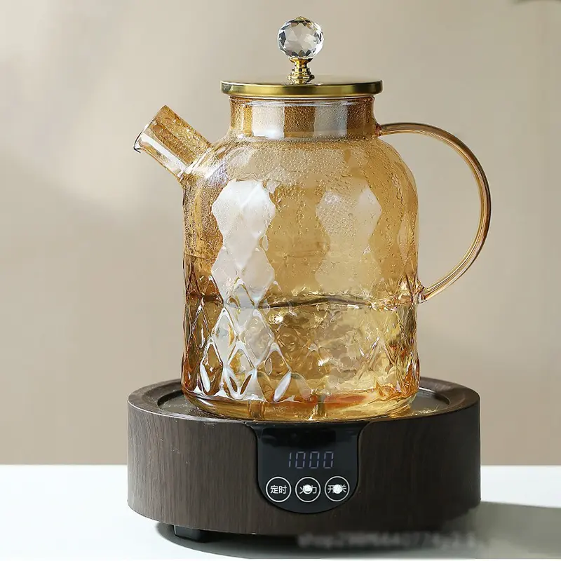 1/1.8L Glass Tea pot With Lid and Filter Champagne Tea Kettle Cold and heat resistant Tea maker For Blooming Tea Fruit Tea Amber