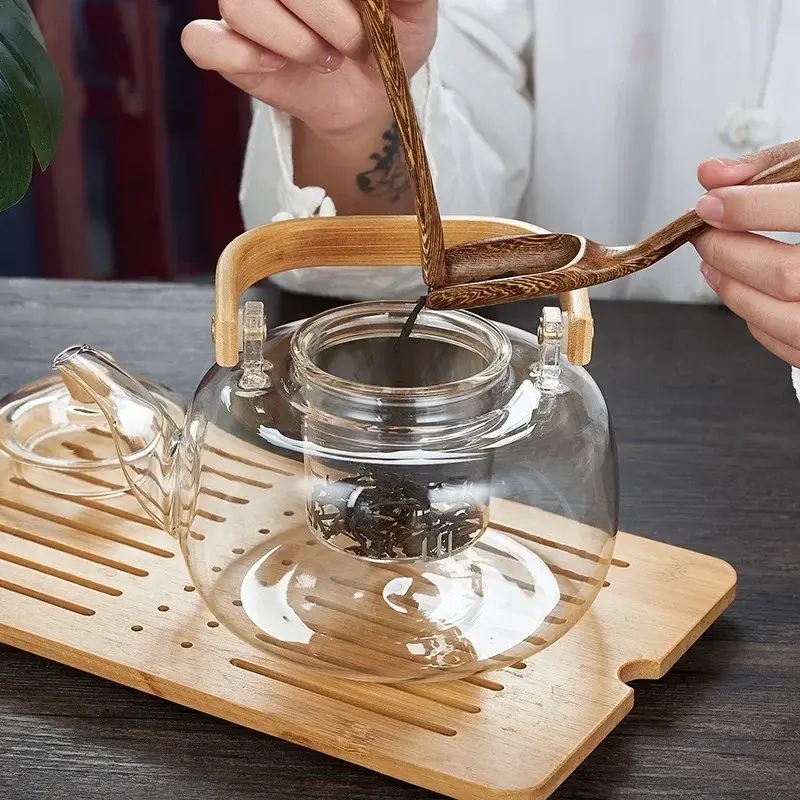 1000ml Glass Teapot Chinese Tea Ceremony Clear Teapot with Filter Wood Handle for Electric Ceramic Stove Home Office Tea Maker