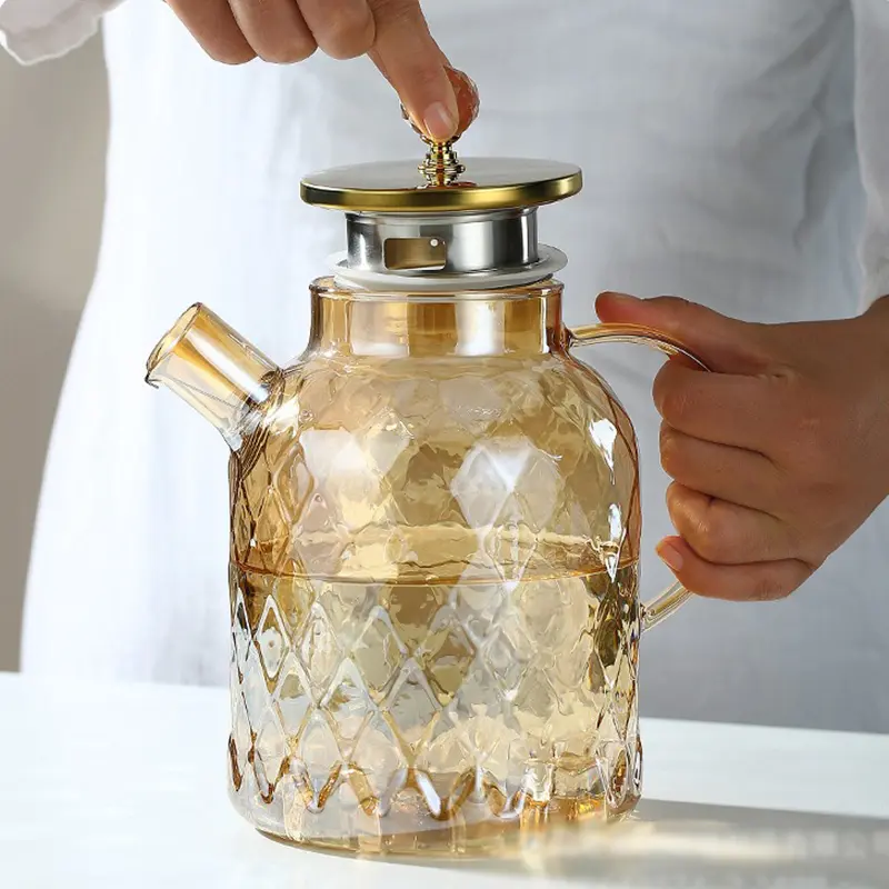 1/1.8L Glass Tea pot With Lid and Filter Champagne Tea Kettle Cold and heat resistant Tea maker For Blooming Tea Fruit Tea Amber