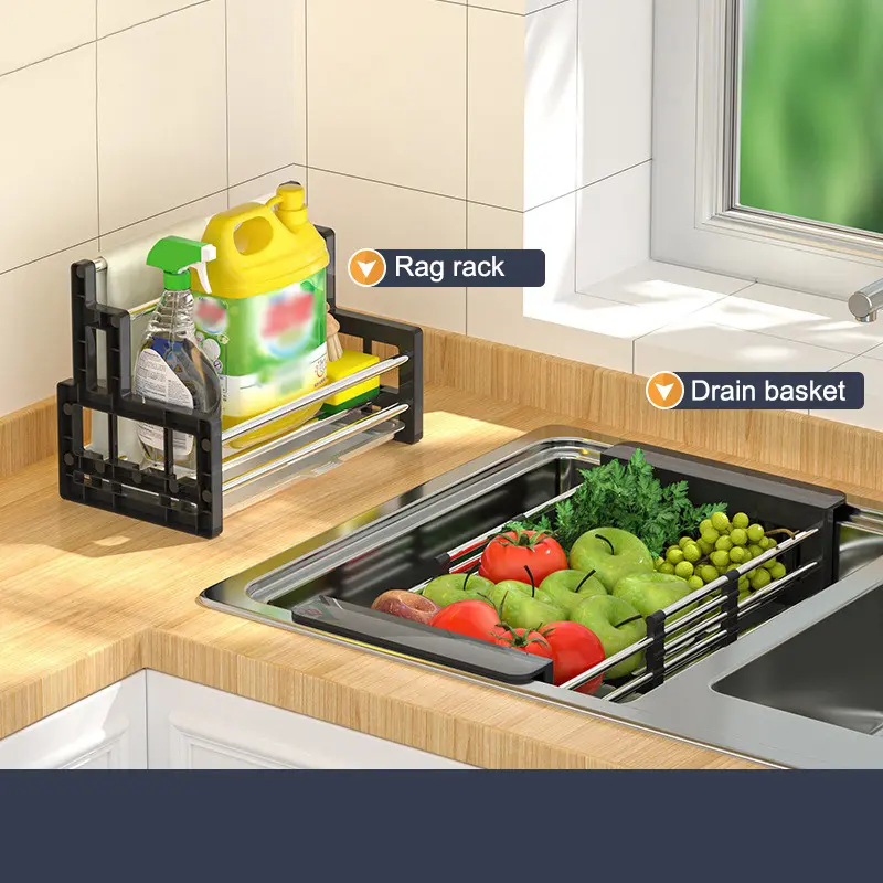 Kitchen Sink Drain Rack Stainless Steel Extendable Dish Drying Rack Drain basket Fruit Vegetable Washing Drainer Storage rack
