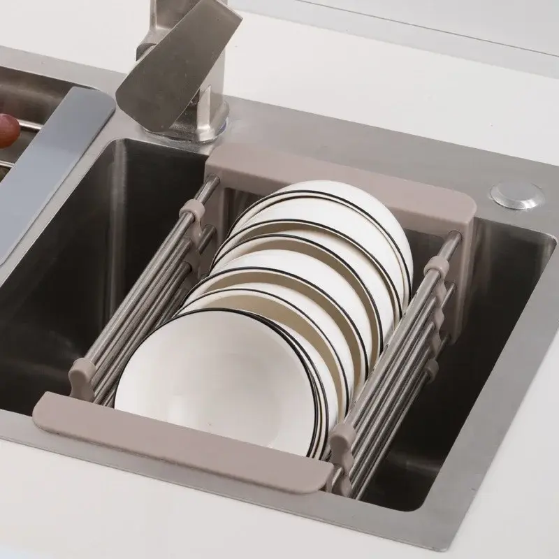 Kitchen Sink Drain Rack Stainless Steel Extendable Dish Drying Rack Drain basket Fruit Vegetable Washing Drainer Storage rack