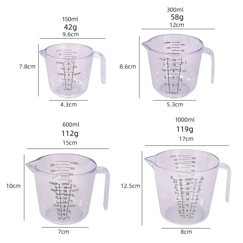 150/300/600/1000ml Measuring Cup with Scale Handle Plastic Tip Mouth Jug Cup Transparent Pour Spout Mixing Cup Measuring Tool