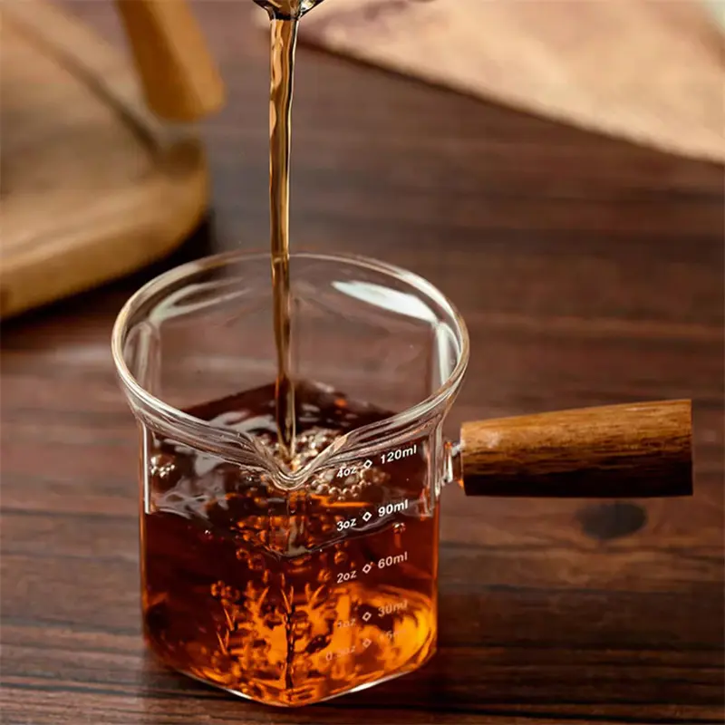 120ML Espresso Extraction Cups Glass Coffee Cup With Scale & Wooden Handle Single Mouth Measuring Cups Latte Milk Jug ounce cup