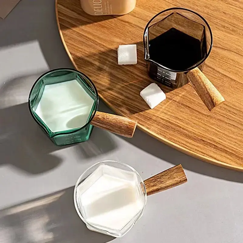 120ML Espresso Extraction Cups Glass Coffee Cup With Scale & Wooden Handle Single Mouth Measuring Cups Latte Milk Jug ounce cup