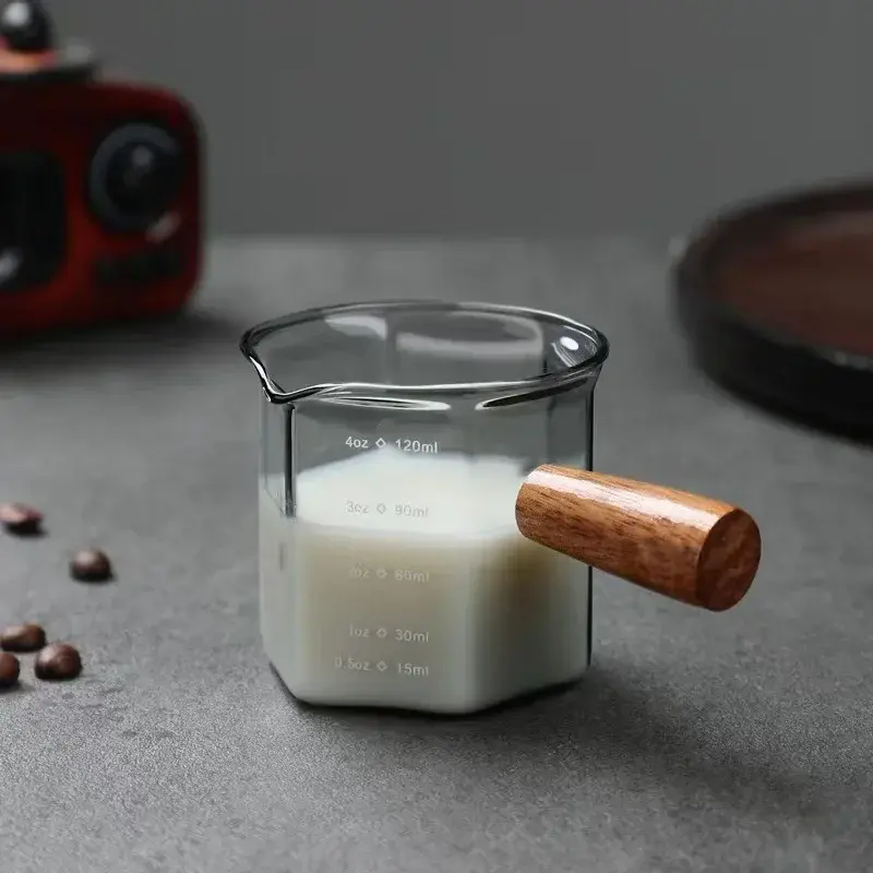 120ML Espresso Extraction Cups Glass Coffee Cup With Scale & Wooden Handle Single Mouth Measuring Cups Latte Milk Jug ounce cup
