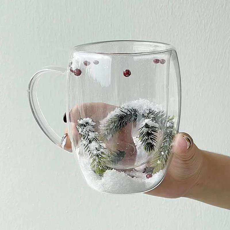 200/350ML Double Wall Clear Glass Cup Christmas Theme Snow scene Glass Coffee Cup Heat Resistant Milk Water Cup Christmas Gift