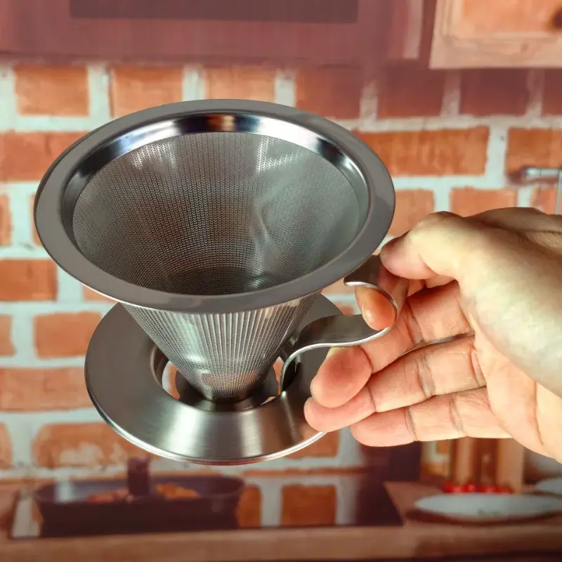 Stainless Steel Coffee Dripper Reusable Coffee Filters Holder with Base and Handle Coffee Tea Strainer Barista Making Tools