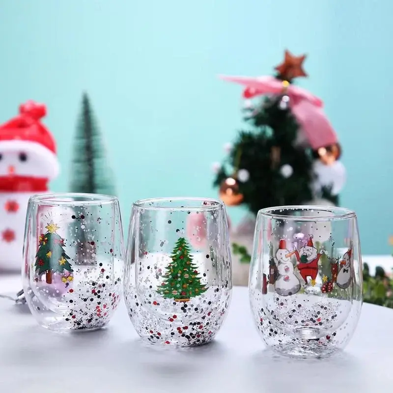 300ml Christmas Glass Cup Double Wall Glass Flowing sequins Christmas tree snowman Heat Resistant Coffee Cup Milk Juice Mug Gift