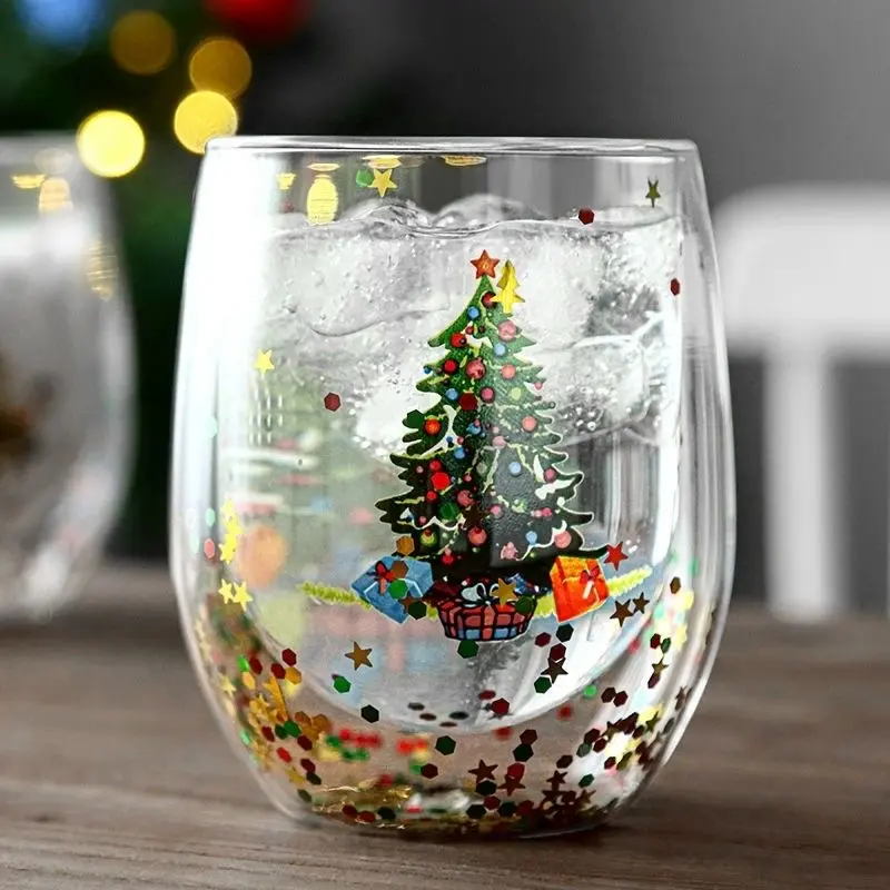 300ml Christmas Glass Cup Double Wall Glass Flowing sequins Christmas tree snowman Heat Resistant Coffee Cup Milk Juice Mug Gift