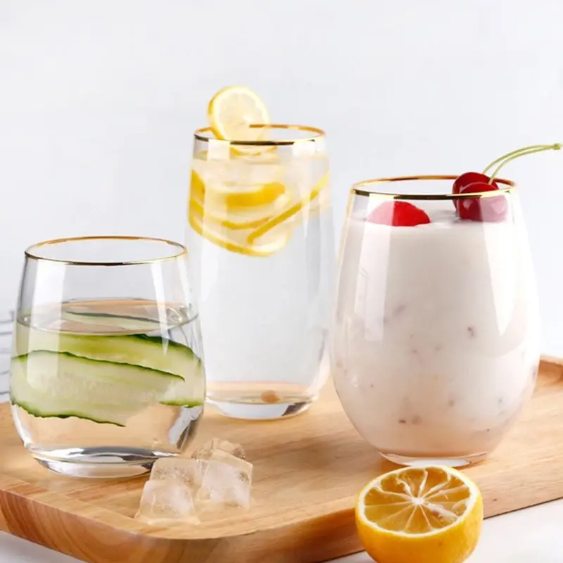 340/375/535ml Egg-shaped Glass Cup Water Cup Whiskey Glass Scotch Glasses with Gold Rim Breakfast Milk Juice Cup Bar Supplies