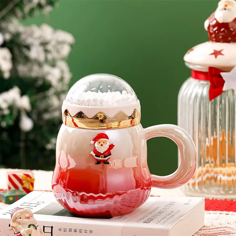 Santa Claus Tree Ceramic Cup Christmas Mugs with Snowball landscape Lid Creative Xmas Gift Holiday Office Home Milk Coffee Cup