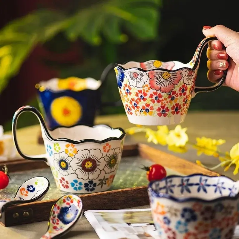 400ML Ceramic Mug Hand-painted Flower Handle Coffee Cup with Small Spoon Office Home Breakfast Milk Cup Holiday Gift for Couples