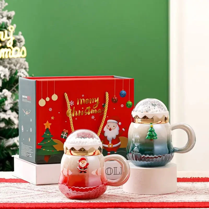Santa Claus Tree Ceramic Cup Christmas Mugs with Snowball landscape Lid Creative Xmas Gift Holiday Office Home Milk Coffee Cup