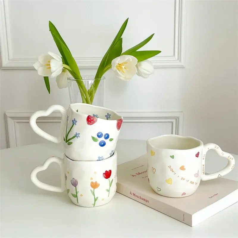 Cute Heart Ceramic Coffee Mugs Korean Style Ins Hand Painted Floral Hand Pinched Irregular Tea Milk Cup Breakfast Oatmeal Mug