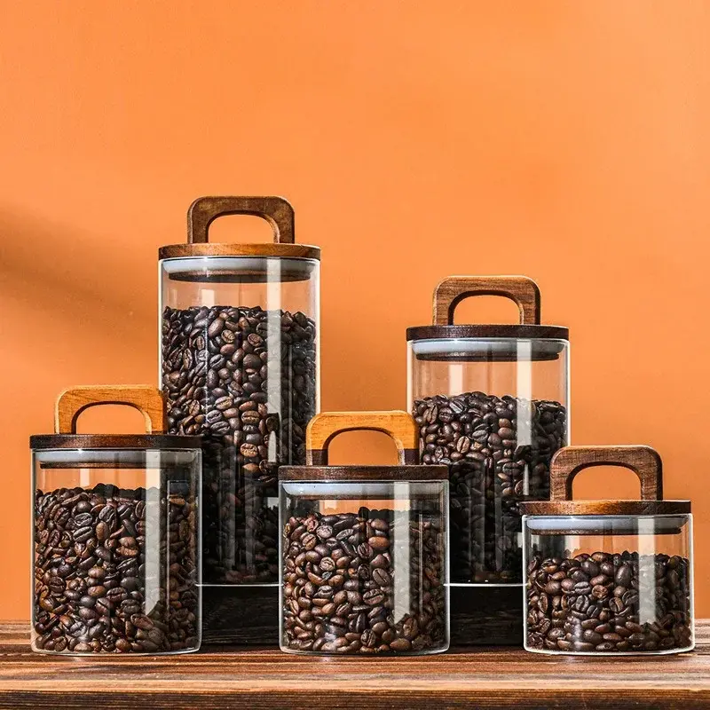 Wood Lid Coffee Bean Glass Jars Sealed Tank Waterproof Moisture-proof Food Container Kitchen Storage Bottles Grains Candy Jars