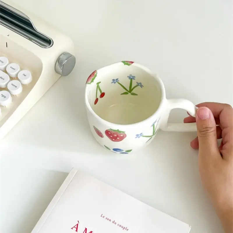 Cute Heart Ceramic Coffee Mugs Korean Style Ins Hand Painted Floral Hand Pinched Irregular Tea Milk Cup Breakfast Oatmeal Mug