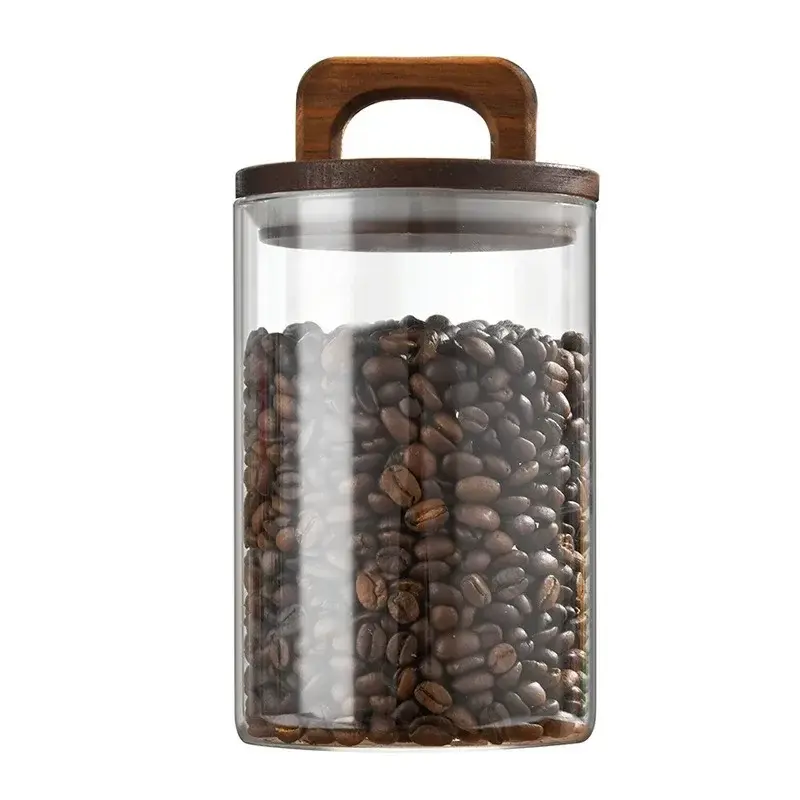 Wood Lid Coffee Bean Glass Jars Sealed Tank Waterproof Moisture-proof Food Container Kitchen Storage Bottles Grains Candy Jars